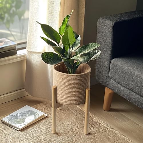 Plant Basket with Stand, Indoor Round Wicker Basket Plant with Bamboo Wood Stand, Decorative Woven Rope Flower Indoor Planter with Legs, Boho Bamboo Wood Planter Holder (Jute) - Image 4