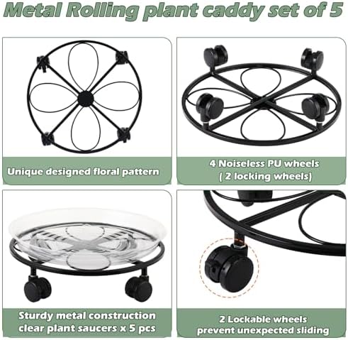 5 Packs 13.5 inches Large Metal Plant Caddy with Wheels Round Planter Dolly Pot Mover Rollers Wrought Iron Rolling Plant Stands Indoor Outdoor Wheeled Plant Holder Coaster Trolley, Black - Image 2