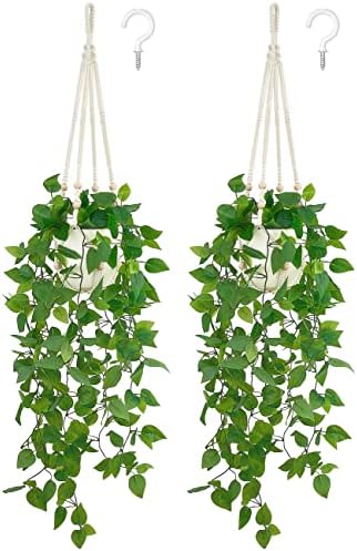 Mkono Fake Hanging Plant, Macrame Hanger with Pothos Vines & Pot, Ivory 2Pc by Mkono