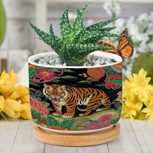 Chinoiserie Tiger Ceramic Planter Green and Turquoise Tiger Stripe Planters for Outdoor Plants with Drainage Holes and Saucers Pot for Pots Outdoor Indoor Plants - Image 6