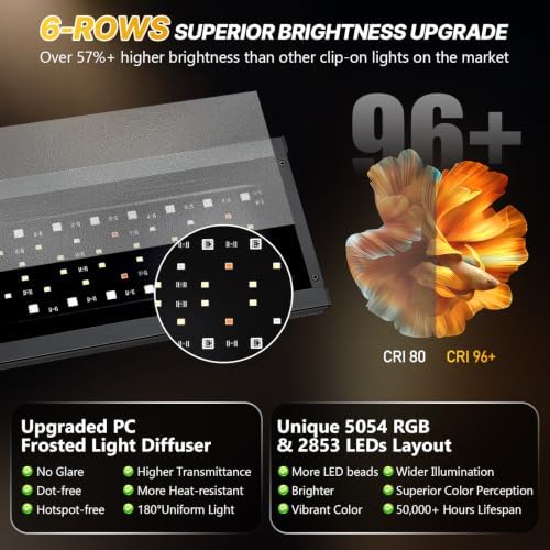 fishkeeper Clip-on Planted Aquarium Light, 6 Row LED, 58W, Dual Light Riser - Image 4
