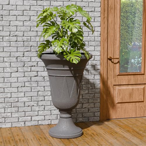 Tall Plastic Urn Planters and Pedestal - 24" Outdoor Planter Grey - Image 6