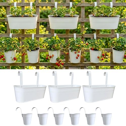 LaLaGreen 17 in Outdoor Rail Planter (9-Piece Combo) White Deck Metal Pots by L%C3%A1L%C3%A1Green