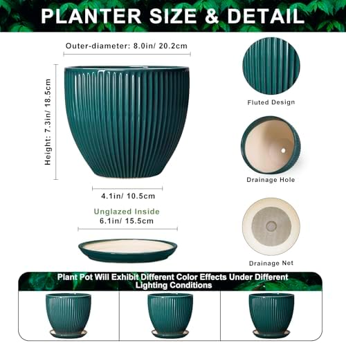 Ceramic Planter, 8 Inch Plant Pots with Saucer, Blackish Green - Image 2