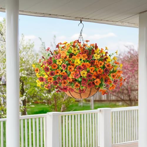 Artificial Fall Hanging Flowers Basket, UV Resistant Mums for Outdoors - Image 4