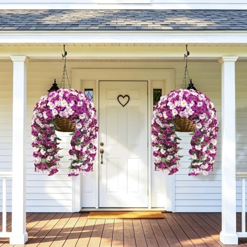 Artificial Hanging Flowers for Outdoors, 4 PCS 544 Blooms UV Resistant Morning Glory Faux Silk Vines, No-Odor Realistic Fake Plants for Garden Planter Porch Patio Decoration, Lotus Lightpurple - Image 7
