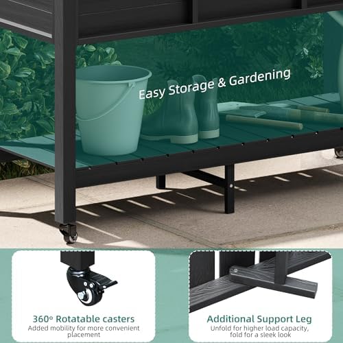 YITAHOME Raised Garden Bed HDPE, 47x18x31In Raised Flower Bed Poly-Wood Weather-Resistant Elevated Planter Box with Lockable Wheels & Storage Shelf for Vegetable Flower, Black - Image 6