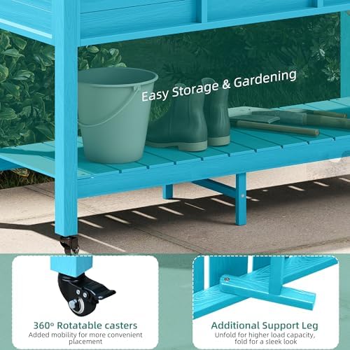 YITAHOME Raised Garden Bed HDPE, 47x18x31In Raised Flower Bed Poly-Wood Weather-Resistant Elevated Planter Box with Lockable Wheels & Storage Shelf for Vegetable Flower, Aruba Blue - Image 5