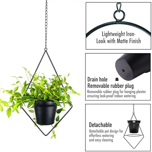 Modern Metal Hanging Planters Set of 2 - Round and Diamond Geometric Plant Hangers with 5 Inch Pots - Black Wall and Ceiling Mount Flower Holders for Indoor Houseplants, Boho Home Décor - Image 3