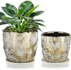 Oairse 6 +5 inch Ceramic Planter Pots Set of 2 Small Round Flower Pots with Drainage Hole and Ceramic Tray for Succulents Cactus Indoor Outdoor Garden Home Windowsill by Oairse