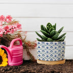 Blue Floral Planter Ceramic Mughal Flower Round Plant Pots with Drainage Holes and Bamboo Tray Pot for Succulents Cactus Garden Windowsill - Image 5
