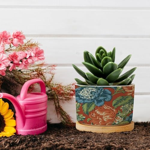 Blue Floral Chinoiserie on Orange Planters Ceramic Peony Chic Asian Round Flower Pot with Drainage Holes and Bamboo Tray Pot for Pots Outdoor Indoor Plants - Image 5