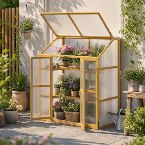 LAZZO Wooden Cold Frame Greenhouses for Outdoors, 2-Tier Garden Cabinet by LAZZO