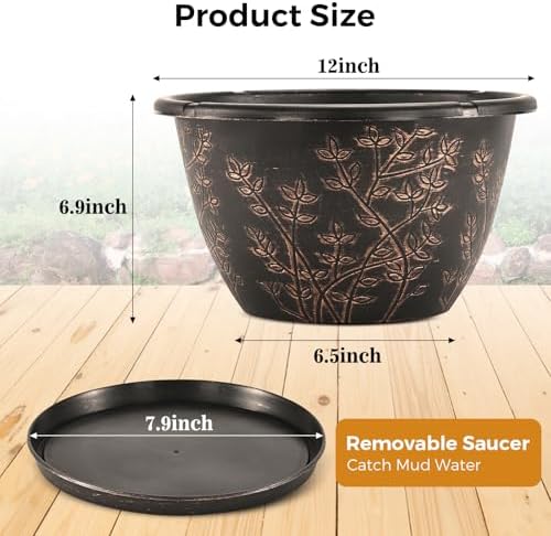 12-inch-Flower-Pots-Outdoor-Indoor, 4 Pack Plastic Planter Pots for Plant with Drainage Hole Saucer, Decorative Resin Garden Container with Tray - Image 3