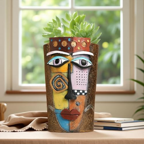 Picasso Abstract Face Flower Pot,Plant Pot with Facial Expressions,Handmade Resin Plant Pot with Drainage Holes,for Indoor and Outdoor Botanical Home décor (Brown Large) - Image 5