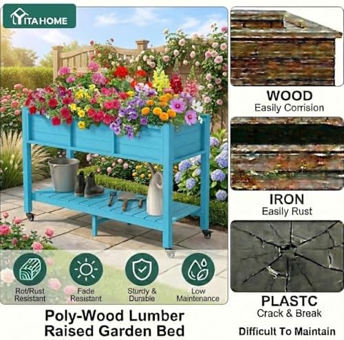 YITAHOME Raised Garden Bed HDPE, 47x18x31In Raised Flower Bed Poly-Wood Weather-Resistant Elevated Planter Box with Lockable Wheels & Storage Shelf for Vegetable Flower, Aruba Blue - Image 3