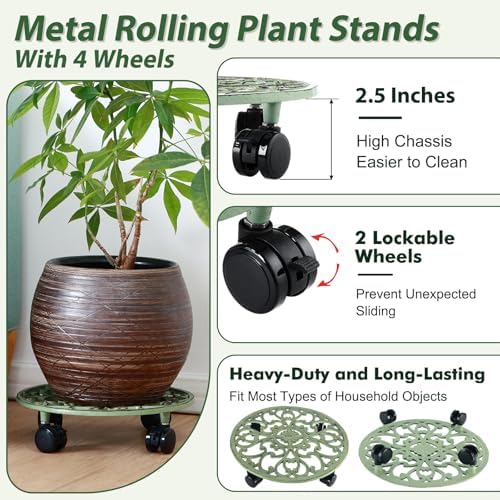 3 Packs 14 Inch Rolling Plant Stand with Wheels Metal Plant Caddy with Wheels Heavy Duty Round Plant Stand Indoor Iron Plants Rollers for Plants, Plant Dolly Retro Green - Image 3