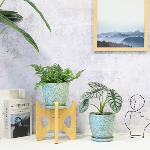 6 Inch Retro Ceramic Planter Set of 2 with Drainage Hole and Saucer for Plants, Indoor-Outdoor Garden Pots for Succulent, Orchid, and Flower (Fits Inner Pots Up to 5 Inches, Retro Green) - Image 4