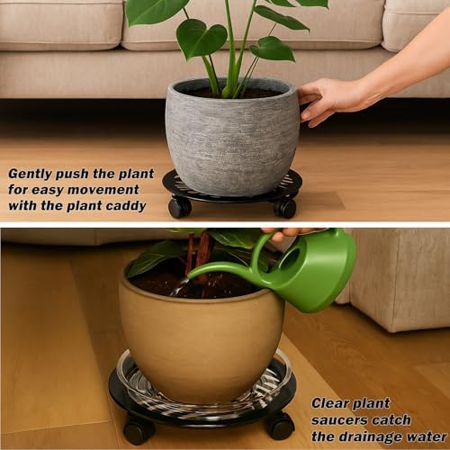 3 Packs 13 inches Large Metal Plant Caddy with PU Wheels Heav-Duty Rolling Plant Stands Indoor Outdoor Wheeled Plant Dolly Coasters Flower Pot Mover Rollers Plant Trolley Cart, Plant Saucers Included - Image 5