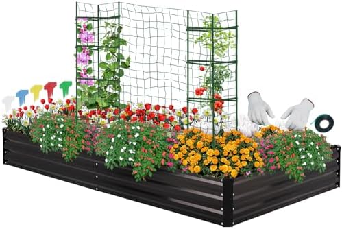 ONCEMORE Galvanized Raised Garden Bed for Vegetables Flowers Herbs, Metal Raised Garden Bed Kit with 2 PCS Tomato Cage, Gloves, Trellis Netting, Plant Labels, Plant Ties, Black 8×4×1FT by ONCEMORE