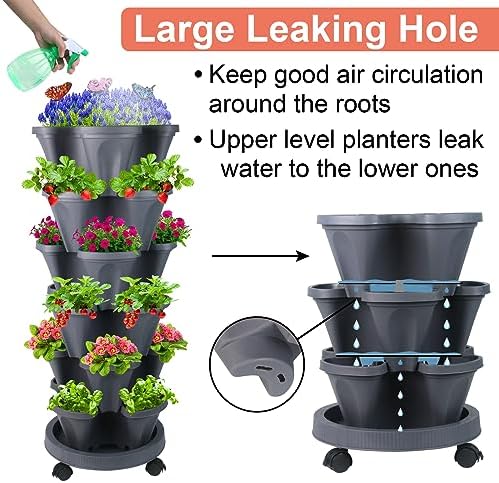 GameXcel Vertical Planter Tower - 6 Tier Stackable Garden Planters with Wheels and Garden Tool Set Plant Pots for Strawberry Herb Flower and Vegetable Indoor Outdoor Use Dark Gray - Image 2