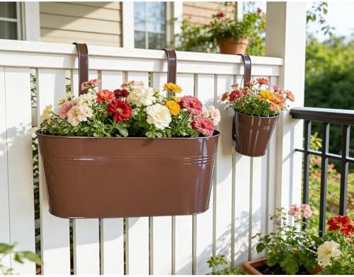 4 Pack Mixed Size Metal Fence Planters Set with Detachable Hooks, Chocolate - Image 2