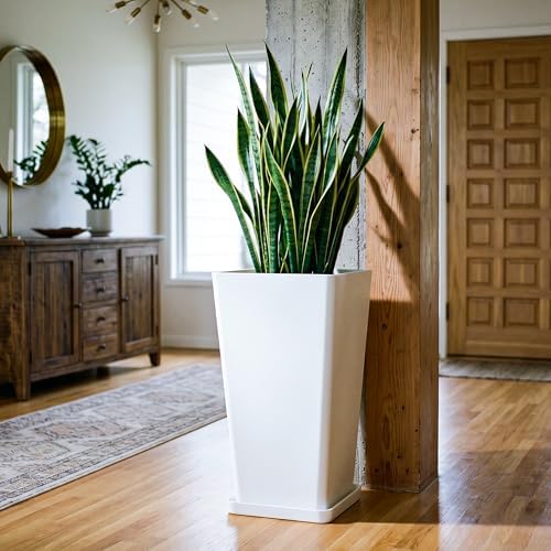 KOL Planters for Outdoor Plants, 28 Inch Tall White Flower Pots 2 Pack, Large Plastic Plant Pots with Drainage Hole and Dual-Purpose Tray, Decorative Indoor Planter for Front Porch Patio Garden - Image 7