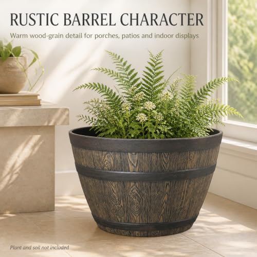 19.9 Inch Whiskey Barrel Planter, 47.44 Qt, Brown, Outdoor Resin - Image 5