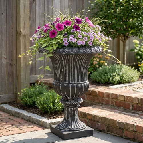 Christopher Knight Home Kyra 24.02" H Classical Urn Planter, MGO Round Outdoor Flower Pot, Weather-Resistant Outdoor Planter for Backyard Hallway, Fluted Relief Pedestal Planter Pot, Antique Black by ChristopherKnightHome