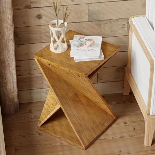 COZAYH Rustic Farmhouse Geometric Style End Table with Twisted X Base, Modern Square Accent Side Table for Living Room, Bedroom, or Office, Brown - Image 2