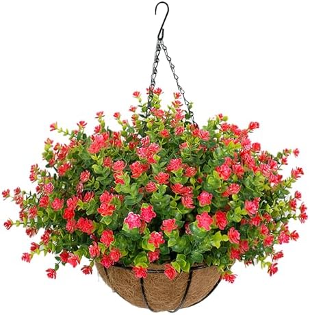 NETAP Artificial Hanging Flowers Basket for Outdoor, 16 Fake Flowers Look Real UV Resistant, Faux Hanging Plants for Porch, Balcony, Patio, Garden, Spring Summer Decor,Red by NETAP