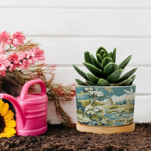 Garden Planters Ceramic Green Chinoiserie Floral Bird Round Plant Pots with Drainage Holes and Bamboo Tray Pot for Indoor Outdoor Garden - Image 5