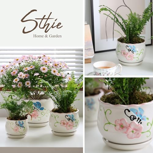 Ceramic Plant Pots with Drainage Holes and Saucers, Small Planters Set of 3 - Image 6