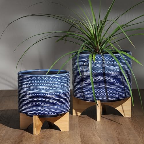 Dotted Decorative Planter Pot with Wood Stand – Ceramic Stoneware Outdoor & Indoor Plant Pot with Drainage Holes – Modern Garden & Home Decor Planters – 10", Blue - Image 3