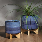 Dotted Decorative Planter Pot with Wood Stand – Ceramic Stoneware Outdoor & Indoor Plant Pot with Drainage Holes – Modern Garden & Home Decor Planters – 10", Blue - Image 3