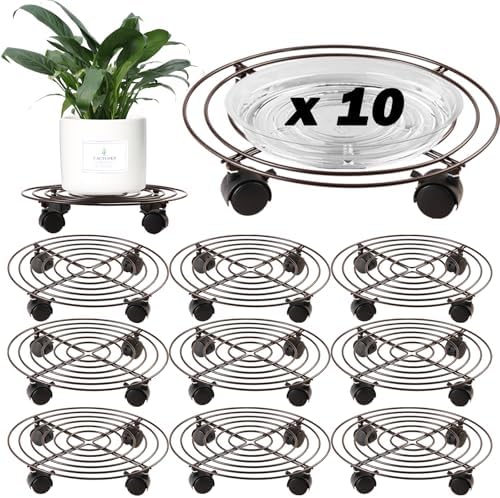 10 Packs Large Metal Plant Caddy with Wheels 13" Heavy-duty Wrought Iron Rolling Plant Stands with Casters Plant Dolly Plant Roller Base for Indoor and Outdoor Plant Pot Movers Saucers Brown by Planterhoma