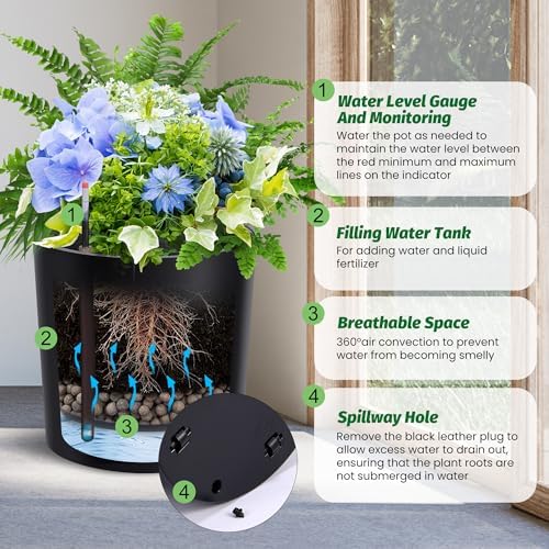 Takywep Set of 2 Large Round Planters – 19.5" Tall Self Watering Plant Pots with Drainage & Water Level Indicator, Indoor Outdoor Planters with Wheels-Black - Image 4