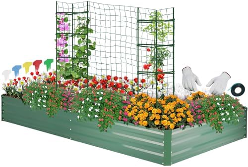 ONCEMORE Galvanized Raised Garden Bed for Vegetables Flowers Herbs, Metal Raised Garden Bed Kit with 2 PCS Tomato Cage, Gloves, Trellis Netting, Plant Labels, Plant Ties, Green 8×4×1FT by ONCEMORE