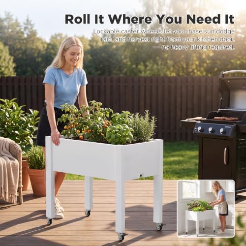 Elevated Raised Garden Bed with Wheels,Planter Outdoor Plants,Matte White - Image 5