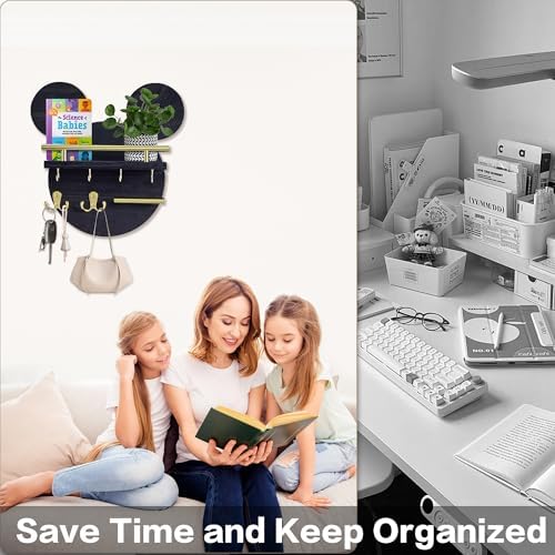 AIRPOP Key Holder for Wall–Mouse Wooden Mail Organizer Wall Mount with Shelf and 6 Hooks, Easy Installation Key Rack Hanger for Entryway Living Room Home Decor (Black) - Image 5