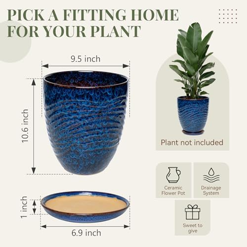 9.5 Inch Modern Ceramic Plant Pot with Saucer, Flower Pot with Drainage Hole Mesh Net,Indoor Outdoor Planter (Speckle Blue) - Image 6