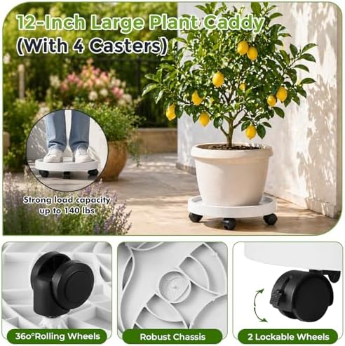 5 Pack 12 Inch Plant Caddy with Wheels Rolling Plant Stand with Casters Plant Dolly Coasters Heavy Duty Large Potted Plant Mover Roller Base for Indoor Outdoor, White - Image 4