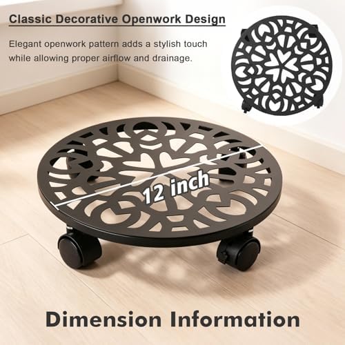 3 Pack Plant Caddy with Wheels, 12 inch Plant Stand with 2 Locking Casters Heavy Duty Metal Plant Dolly Roller for Indoor Outdoor Flower Pots, Rolling Plant Tray Wheeled Planter Mover Trolley - Image 2