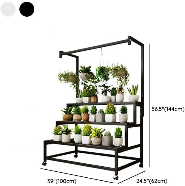 LAKIQ 3-Tiered Metal Plant Stand with Wheels Rolling Rectangle Plant Display Shelf Rack Indoor Outdoor Movable Flower Stand Shelf for Balcony Patio Garden (White, 39.4" L x 24" W x 56.7" H) - Image 5