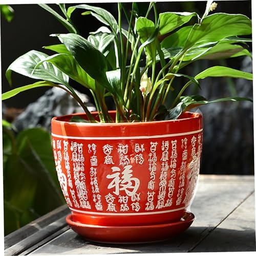 Plant Pot,Ceramic Pots for Plants, Ceramic Planter with Drainage Hole and Saucer, Home/Garden Outdoor Decorative, Tray for Wedding,Outside Chinese Characters Meaning Fortune - Image 6