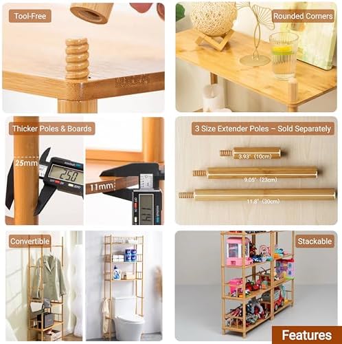 3-Tier Expandable Freestanding Open Bamboo Book Shelf - No-Tool Assembly & Modular,Bathroom Storage Shelf Unit Plant Stand for Small Space, Bedroom, Living Room, Home Office(Natural, 3-Tier) - Image 6
