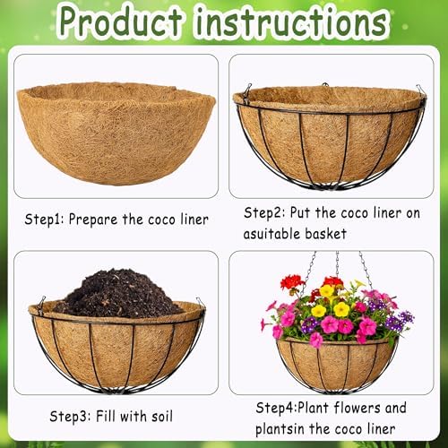 4pcs 14 inch Metal Hanging Baskets Round Wire Plant Stand with Coco Lining Cushion Decorative Planter Hanger Garden Indoor Outdoor Watering Hanging Basket （XG） - Image 5