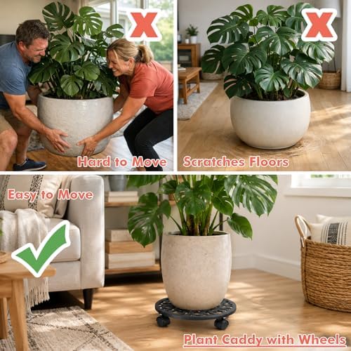 3 Pack Plant Caddy with Wheels, 12 inch Plant Stand with 2 Locking Casters Heavy Duty Metal Plant Dolly Roller for Indoor Outdoor Flower Pots, Rolling Plant Tray Wheeled Planter Mover Trolley - Image 3