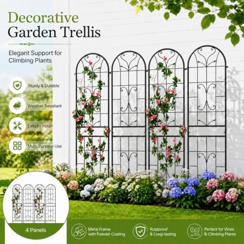 4-Pack 87" x 20" Ornate Scrollwork Arch Black Metal Garden Trellises - Image 5