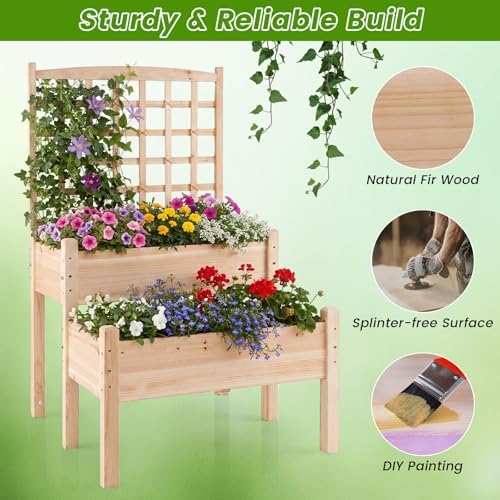 GIANTEX Raised Garden Bed with Trellis, 2-Tier Elevated Planter Box for Climbing Plants, Flowers, Vegetables, Herbs, Outdoor Wooden Vertical Garden Bed with Drainage Holes, for Patio Backyard Balcony - Image 4